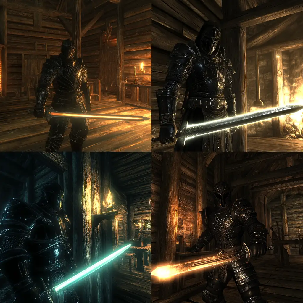Knight-in-Black-Armor-with-Glowing-Sword-Inside-Wooden-Cabin
