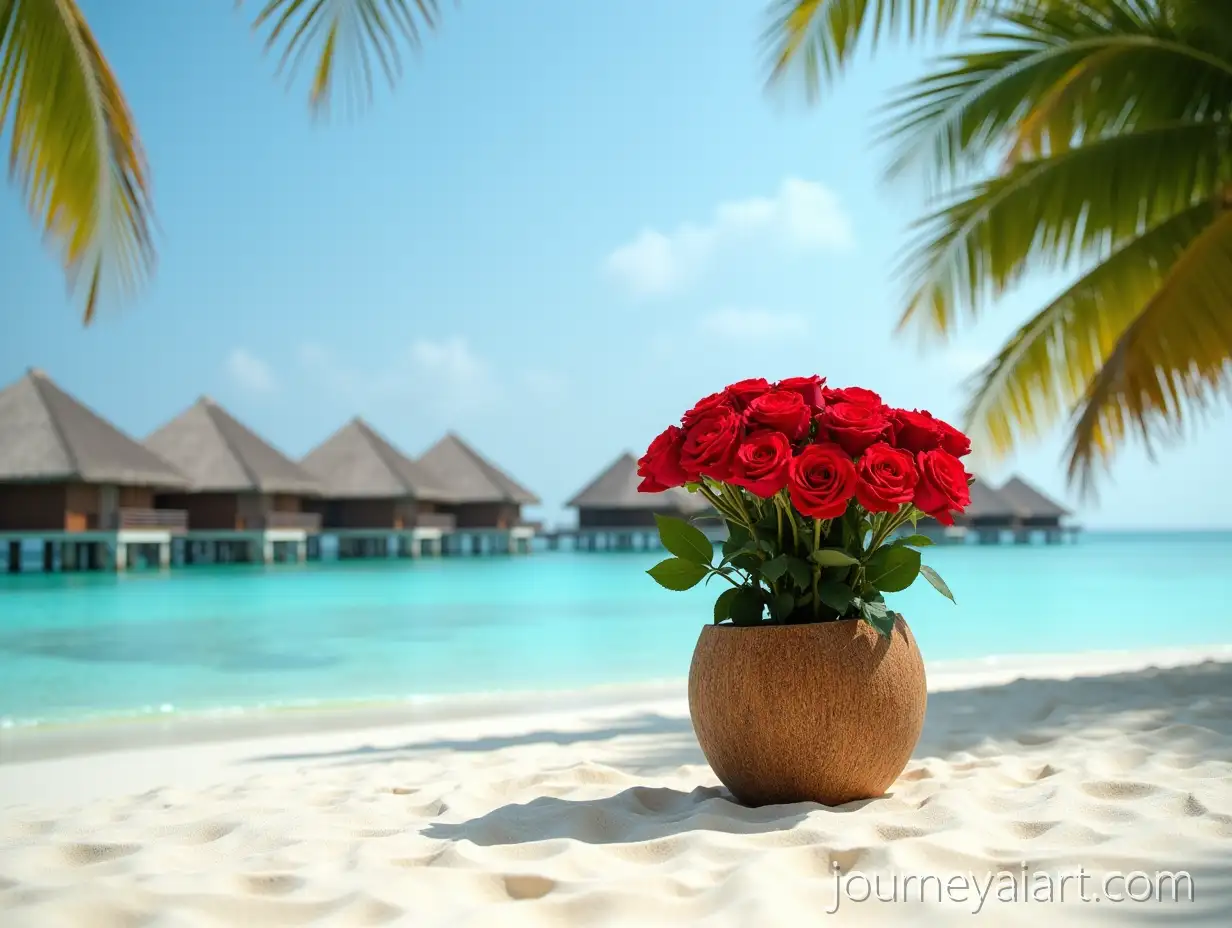 Tropical-Maldives-Beach-with-Palm-Trees-Bungalows-and-RedTropical-beach-Maldives-scene-Roses-in-Coconut-Shell-Vase