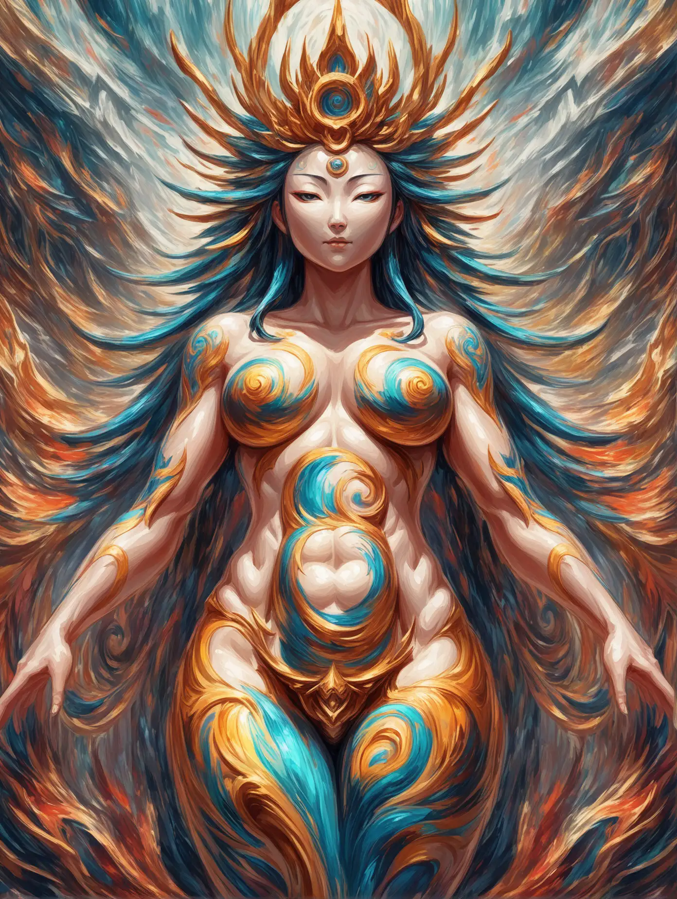 Fit Woman Depicting a Primordial Japanese Deity in Abstract Illusionism