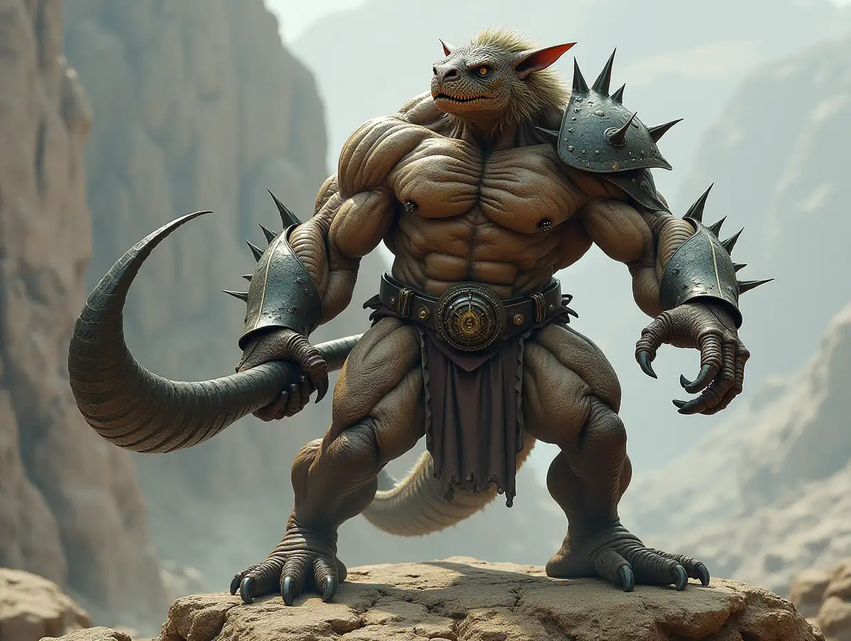 A very detailed photo. A full body representation of an Animal-Hybrid bodybuilder with armor and Dasyprocta on a rock