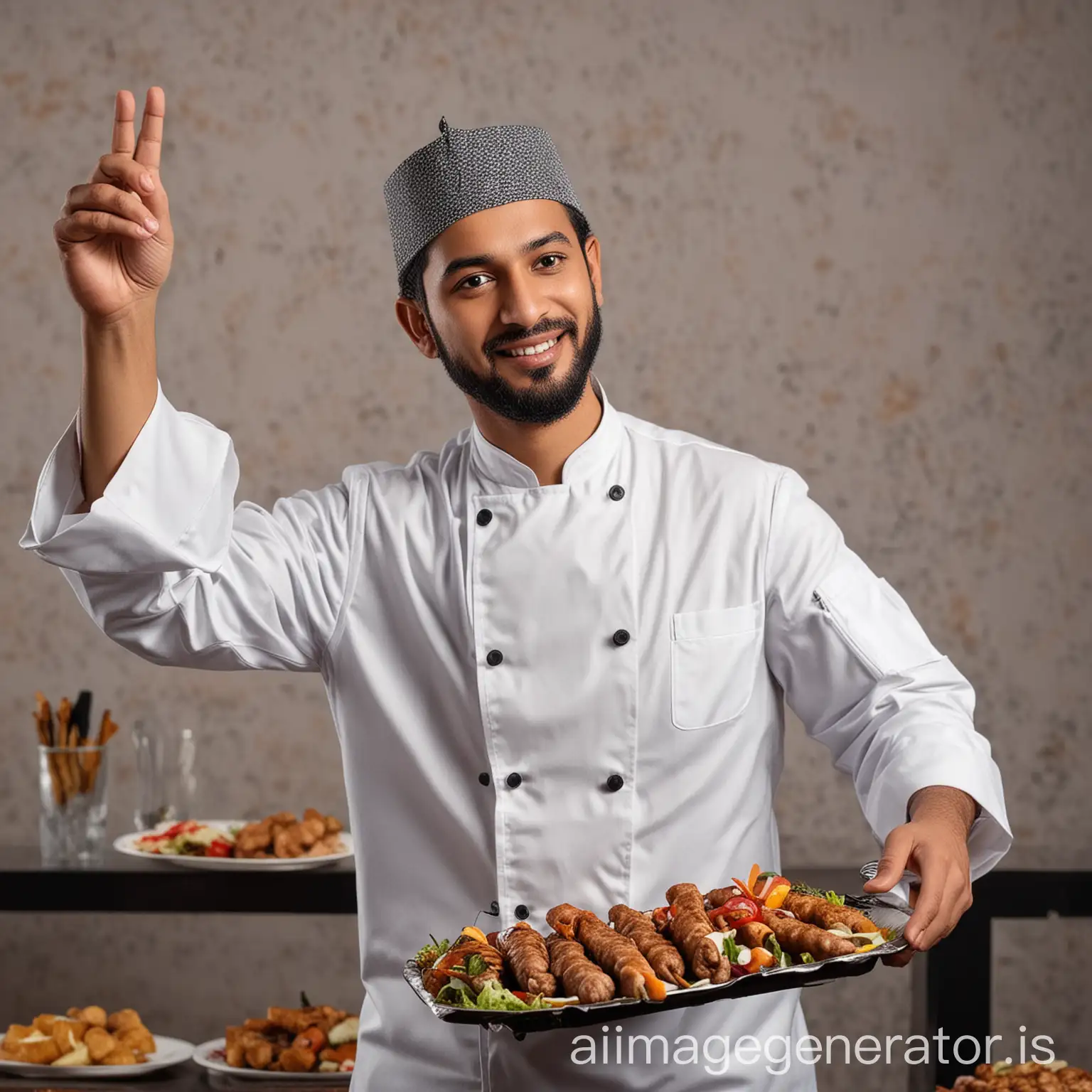 Muslim Chef Saluting customer with kebab in his one hand