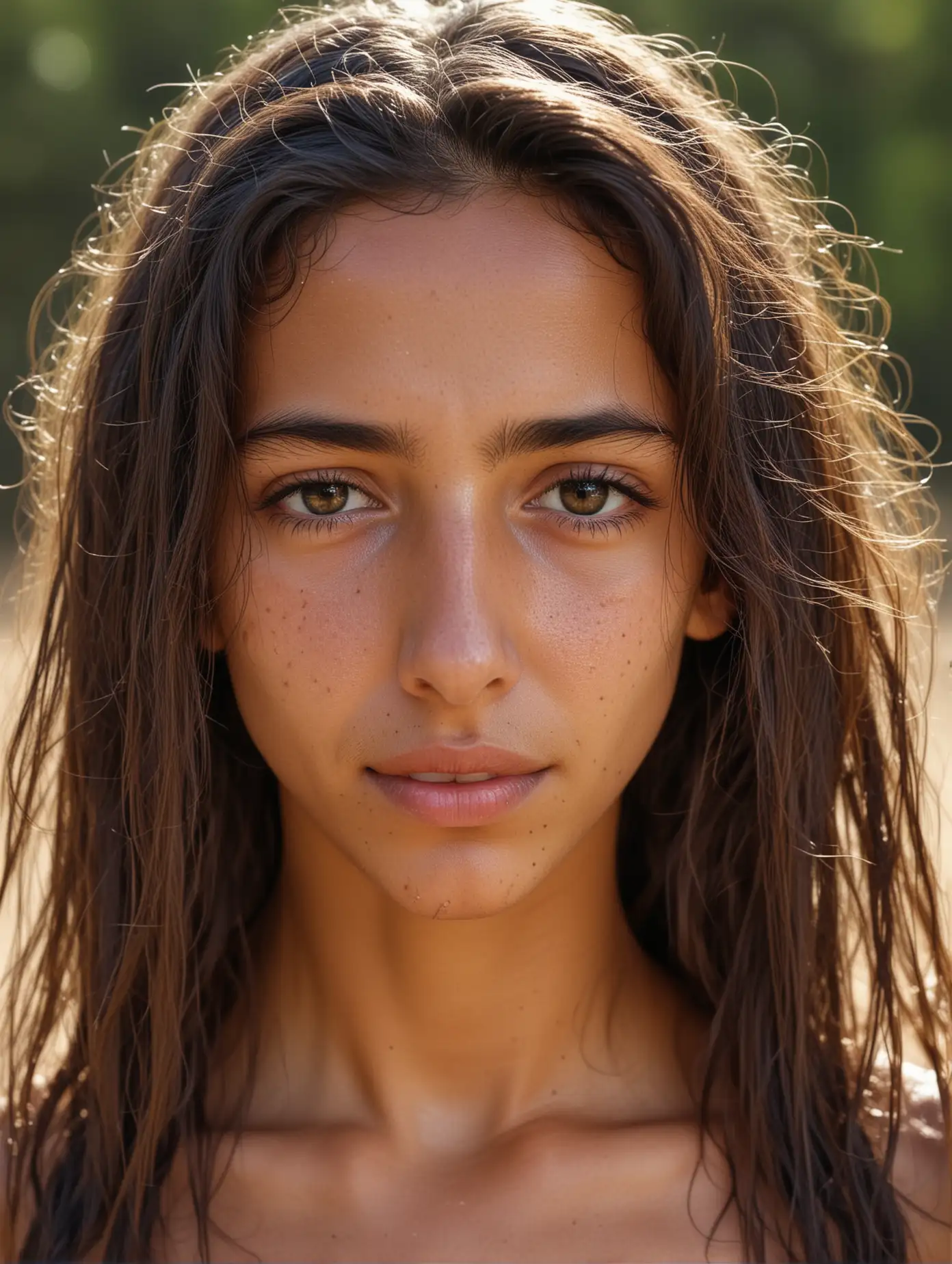 face portrait of a naturist sweaty skinny Cute arab young girl with long hair and perfect face