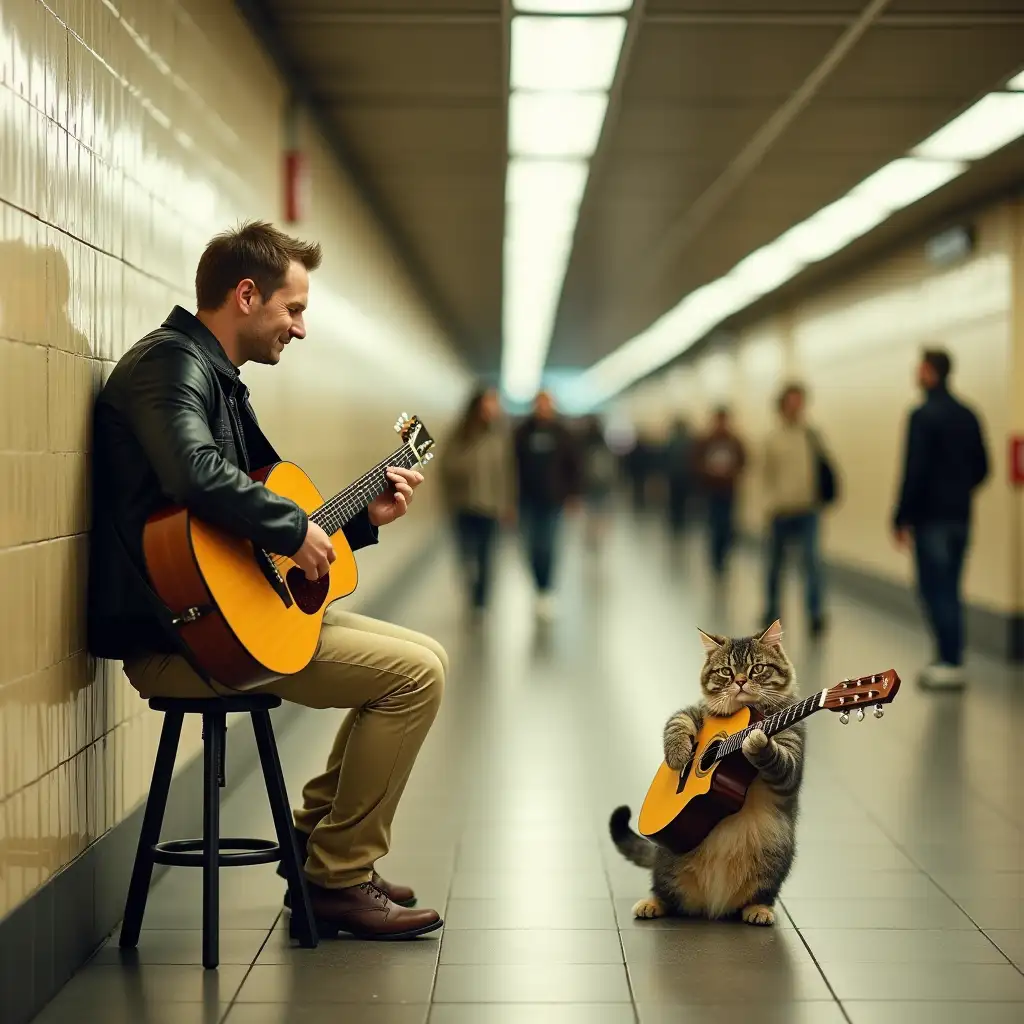 Surreal and whimsical image set in a modern, well-lit subway corridor with tiled walls and a polished floor. The layout features a long, vanishing point perspective with people walking and standing in the background. The main subjects are a man and a cat, both seated on stools against the wall. The man, with light skin and short brown hair, is wearing a black leather jacket and beige pants, playing an acoustic guitar. The cat, unusually anthropomorphized, is also playing a smaller guitar and is dressed in a similar fashion to the man. The scene is both humorous and imaginative, blending everyday life with fantasy elements. The overall atmosphere is lively, with a mix of casual passersby and focused musicians.