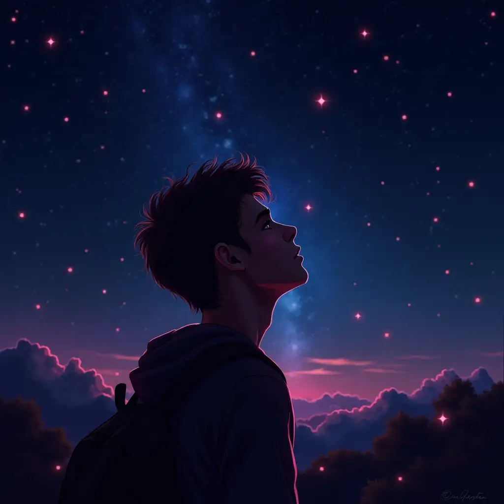 teenager looking at the sky or neon stars