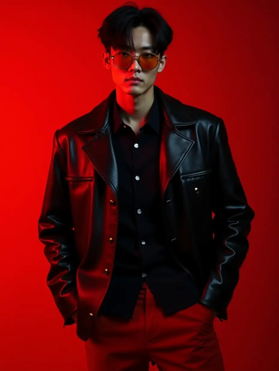 A striking portrait of a stylish Korean jin Jeong Soo young man with Korean style black hair, wearing orange-tinted sunglasses fibre and a sleek black leather jacket over a black button-up shirt. He pairs the look with bold red trousers, standing against a deep red gradient background. The lighting emphasizes the glossy texture of the leather jacket and the clean lines of his modern fashion ensemble, exuding confidence and sophistication.