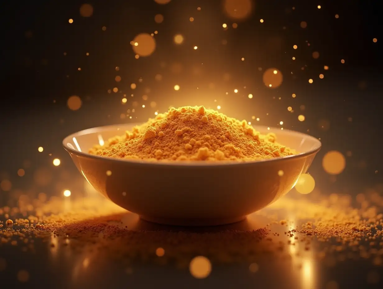 A delicate bowl rests on a surface, filled with golden powder that emits a soft glow. Surrounding the bowl are enchanting sparkles and a luminous aura, creating a magical atmosphere