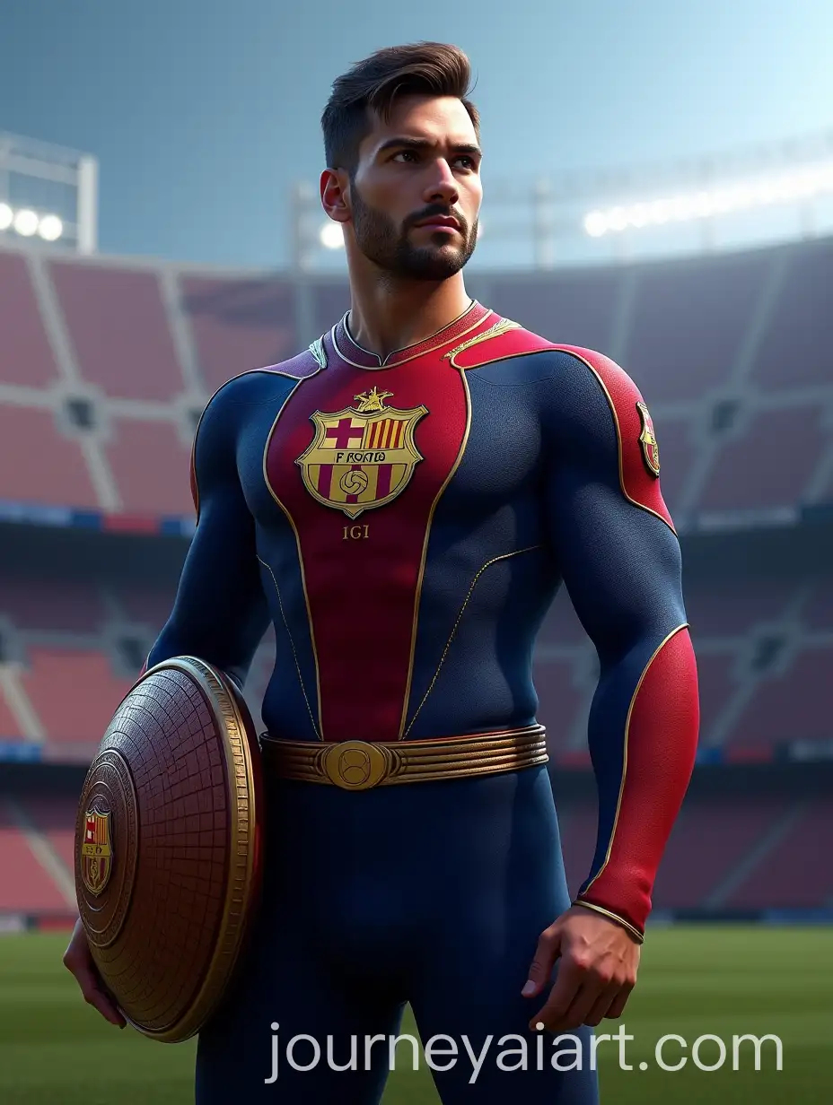 Superhero-in-Deep-Blue-and-Red-Suit-with-Shield-at-Camp-Nou