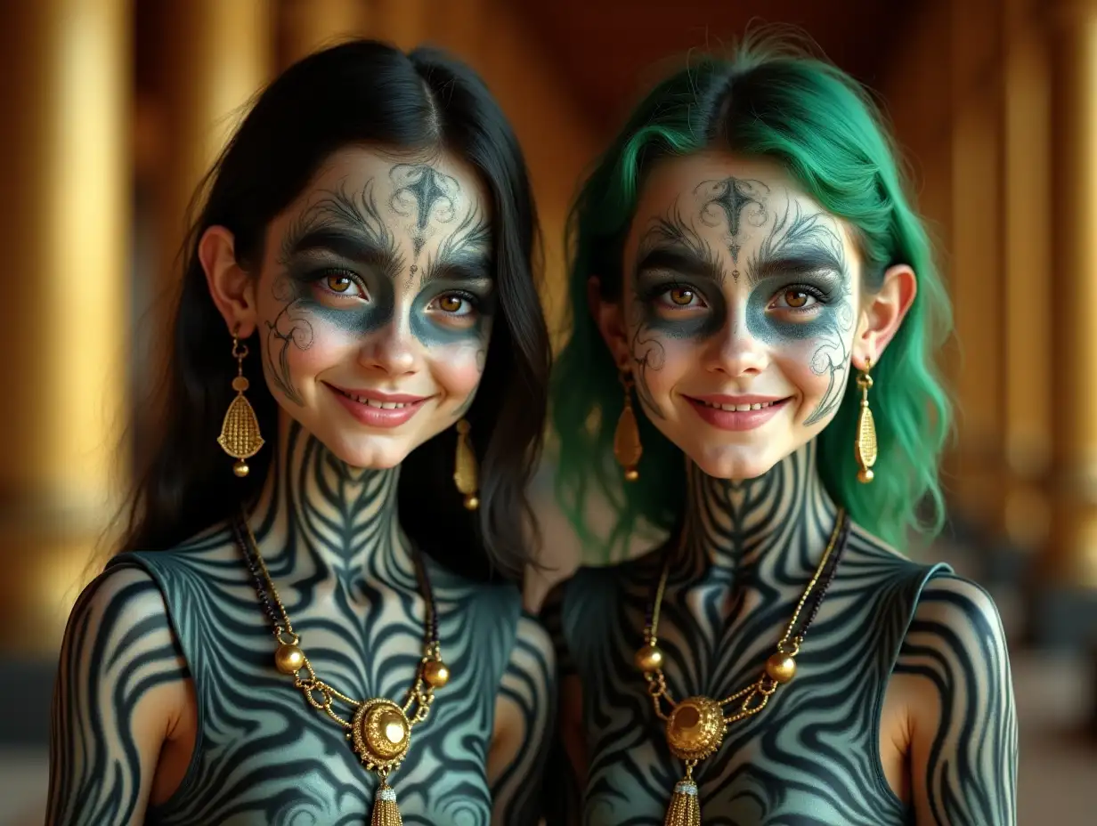 Two young girls with black and white pattern, alien face, with green hair, with a light smile on their faces, accentuating their smiles, modern retro jewelry, in a temple with much gold in various shades 4k