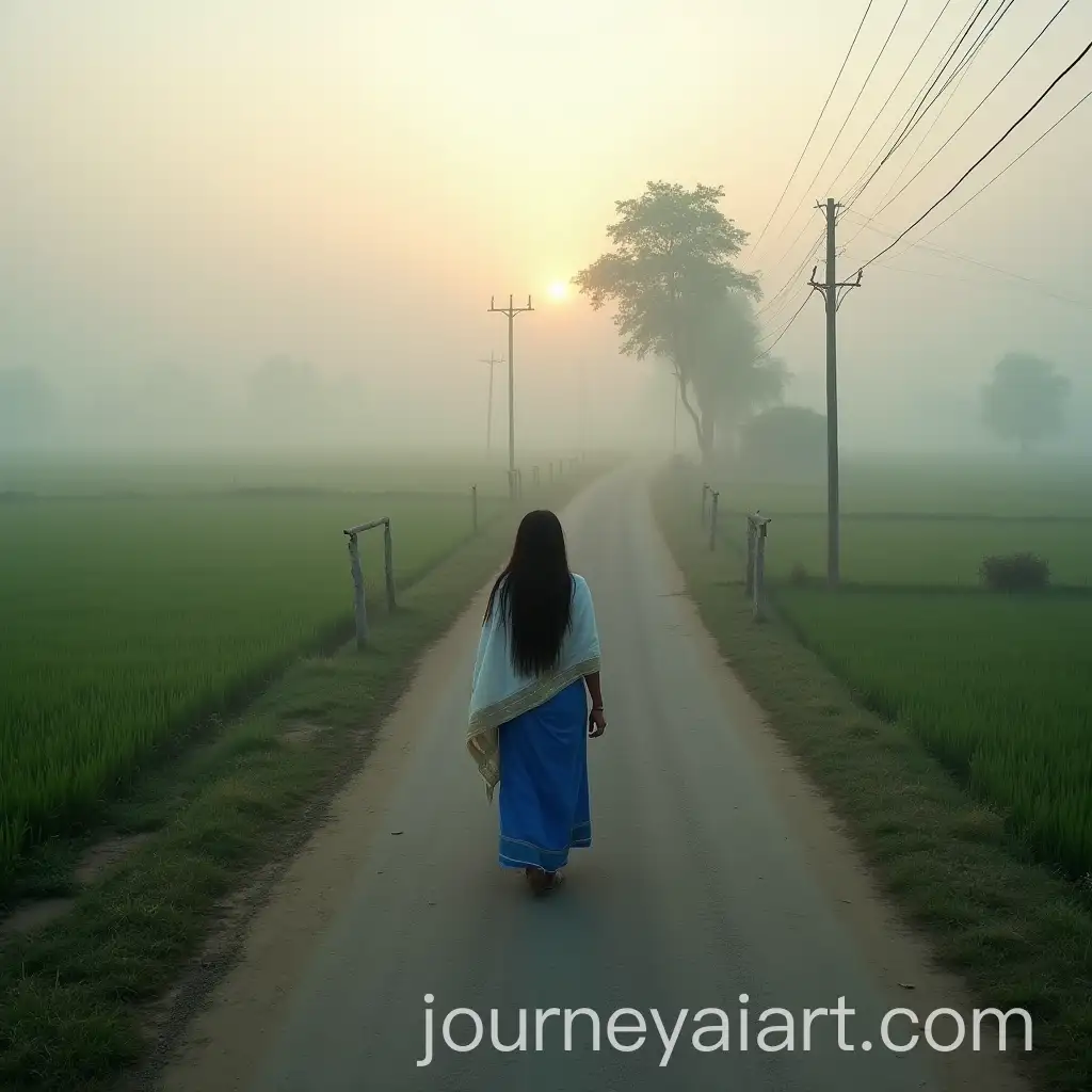 Young-Girl-in-Blue-Saree-Walking-on-Foggy-Winter-Morning-in-Rural-Bangladesh