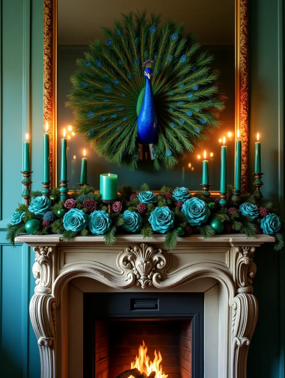 Elegant-Christmas-Fireplace-Decor-with-Turquoise-Candles-and-Peacock-Centerpiece