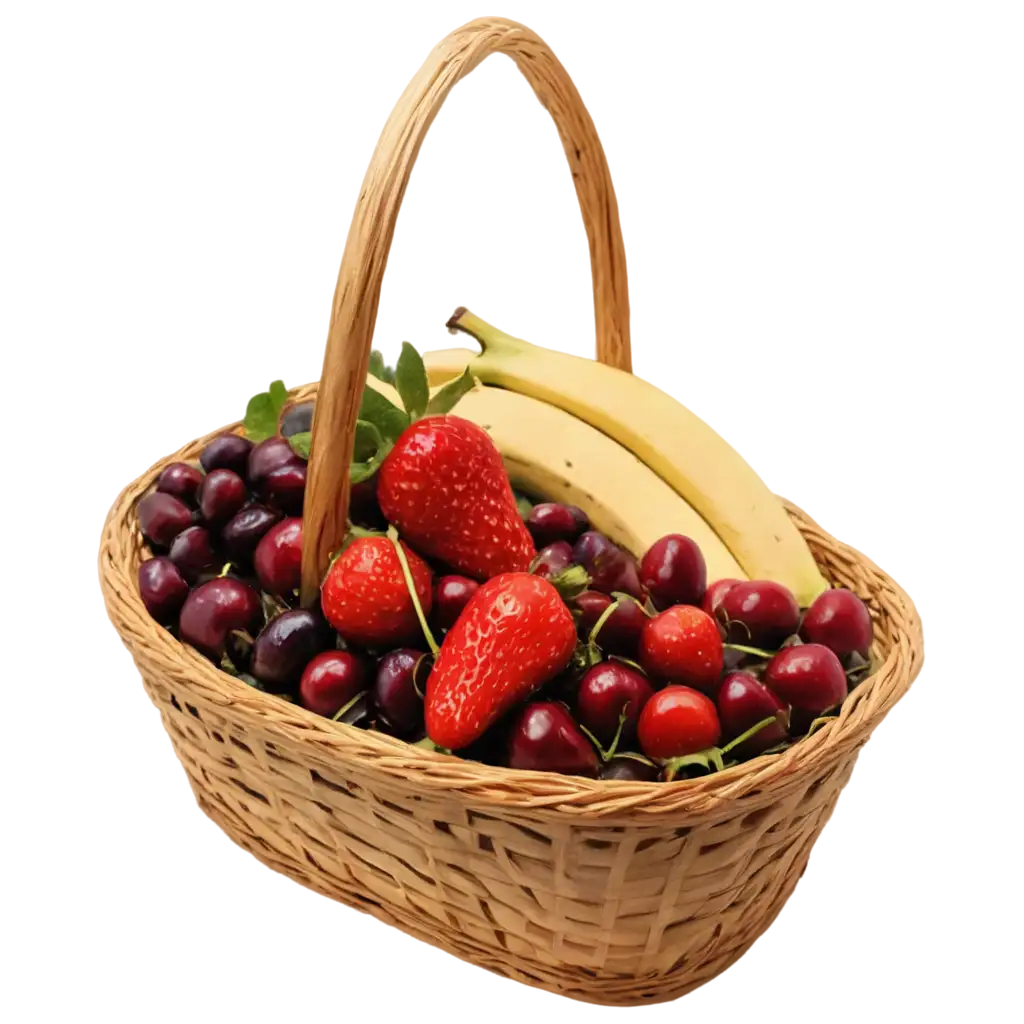 A fruit basket containing only strawberries, cherries and bananas