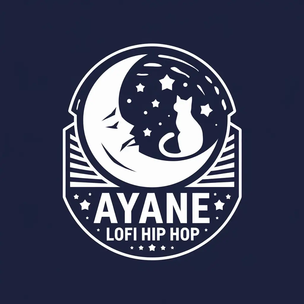 LOGO Design for Ayane Lofi Hip Hop Navy Blue White with Moon Cat and Stars Symbolism