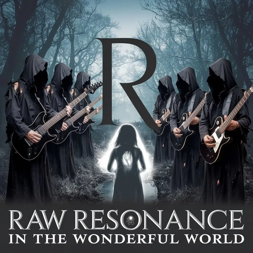 LOGO Design for Raw Resonance In The Wonderful World Dark Forest Faceless Monks and Glowing Ghost Theme