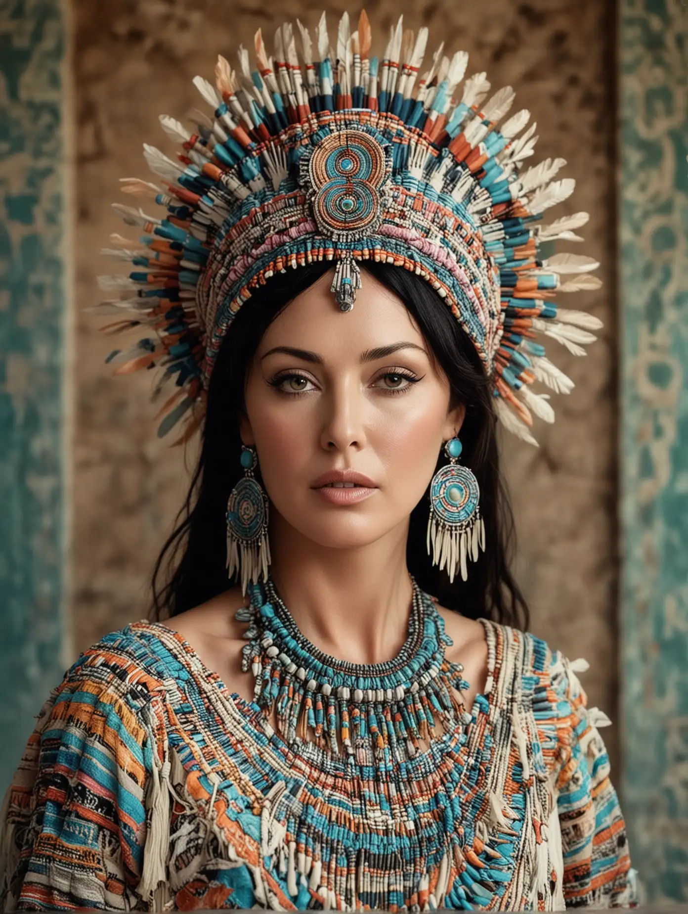 Monica-Bellucci-in-Pastel-Mayan-Tribe-Attire-with-Organic-Motifs