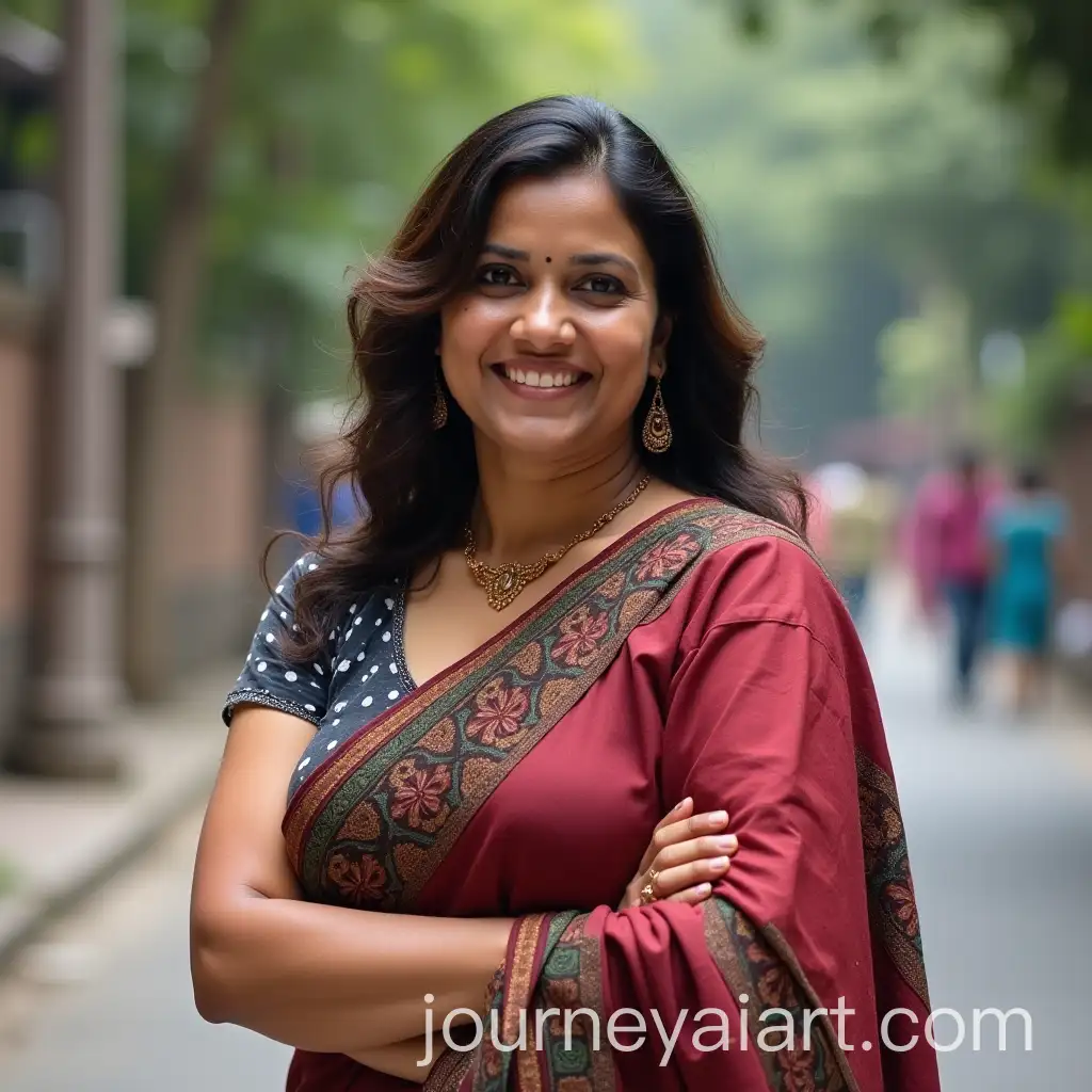 Smiling-Indian-Woman-with-Curvy-Figure-Standing-by-the-Street