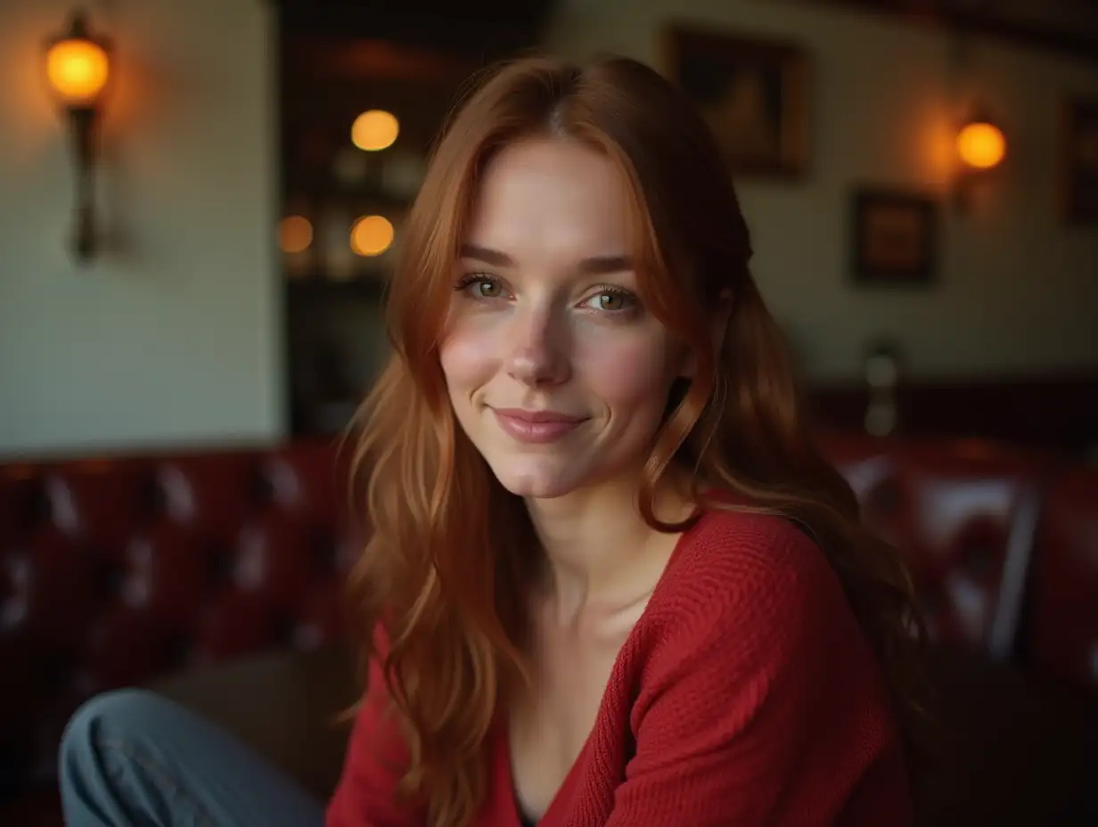 Young-Woman-Smiling-in-Vintage-Bar-with-Red-Knit-Top