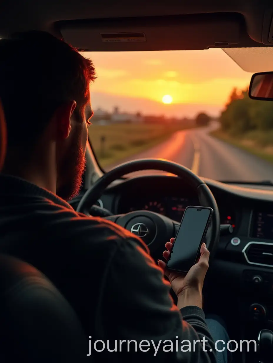 Man-Driving-on-Winding-Rural-Road-at-Sunset-with-Distant-City-Skyline