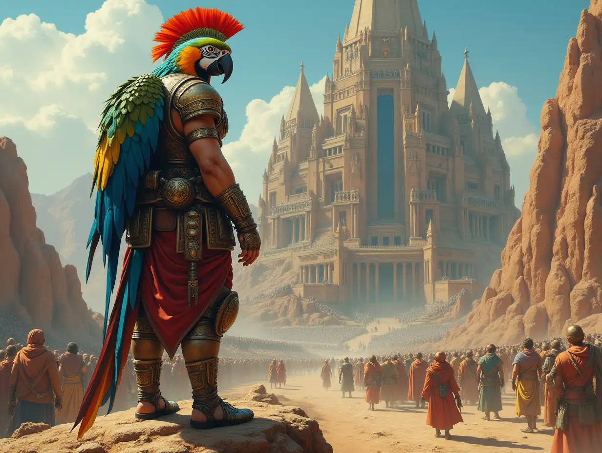 ultra-detailed hyperrealistic portrait of a woman with parrot body and spartan armor standing on a rock near a large temple with many elaborately detailed, colorful people