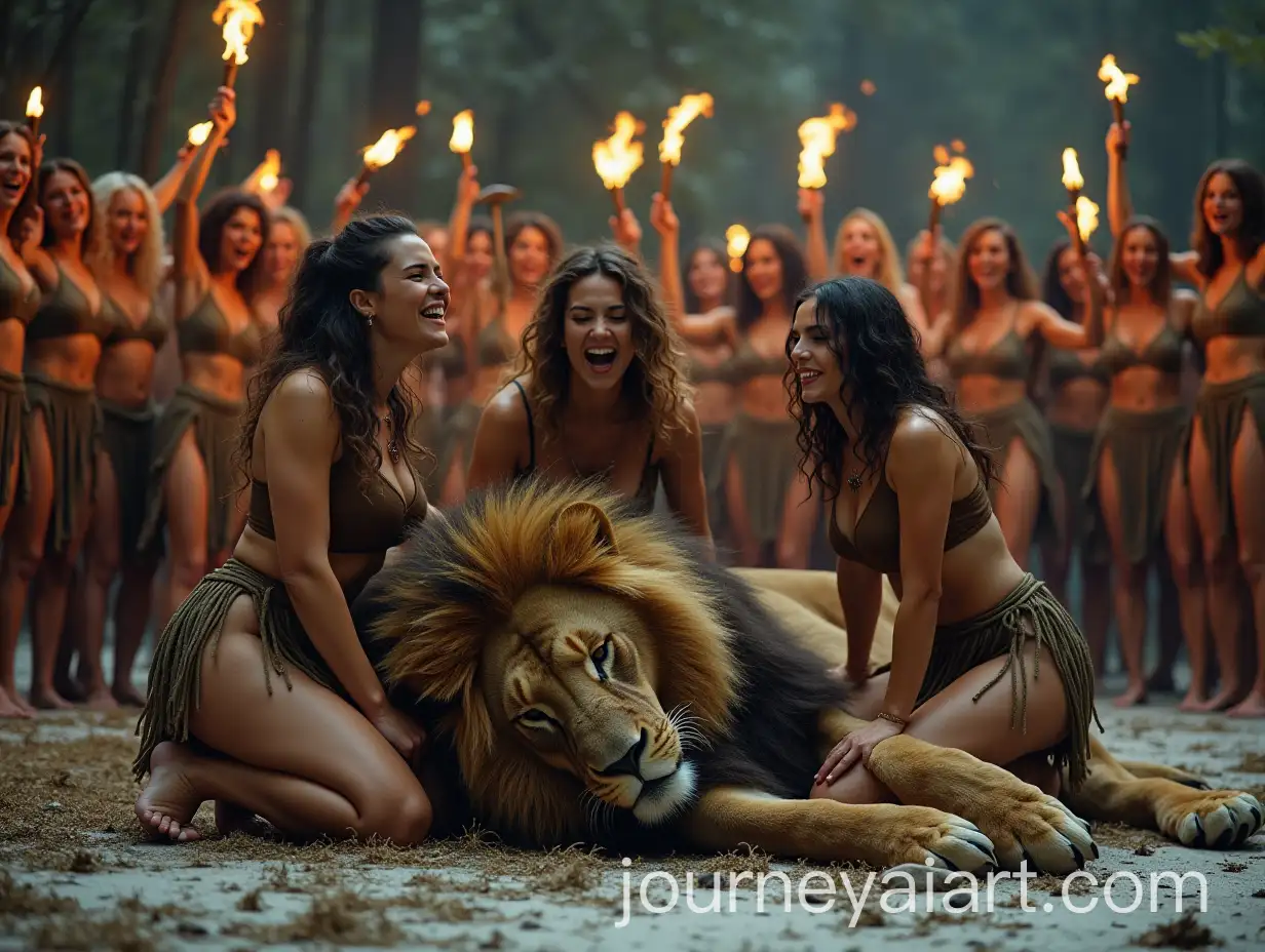 Moonlit-Woodland-Scene-with-Lion-and-Women-with-Torches
