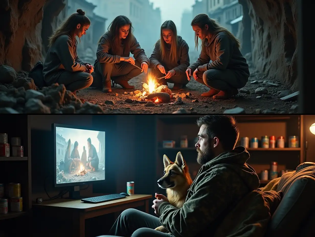 user_prompt: The image is divided into two parts horizontally. At the top, on the ground among city ruins, a group of three young women in tattered, ragged clothes, consisting of homeless people, prepare a greasy rat on a fire. Below, from the bunker, a bearded man in camouflage sitting on a couch watches this scene with interest on the monitor screen, eating canned stew with a spoon, and next to him sits a German shepherd dog. Along the walls of the bunker are shelves with rows of canned food.