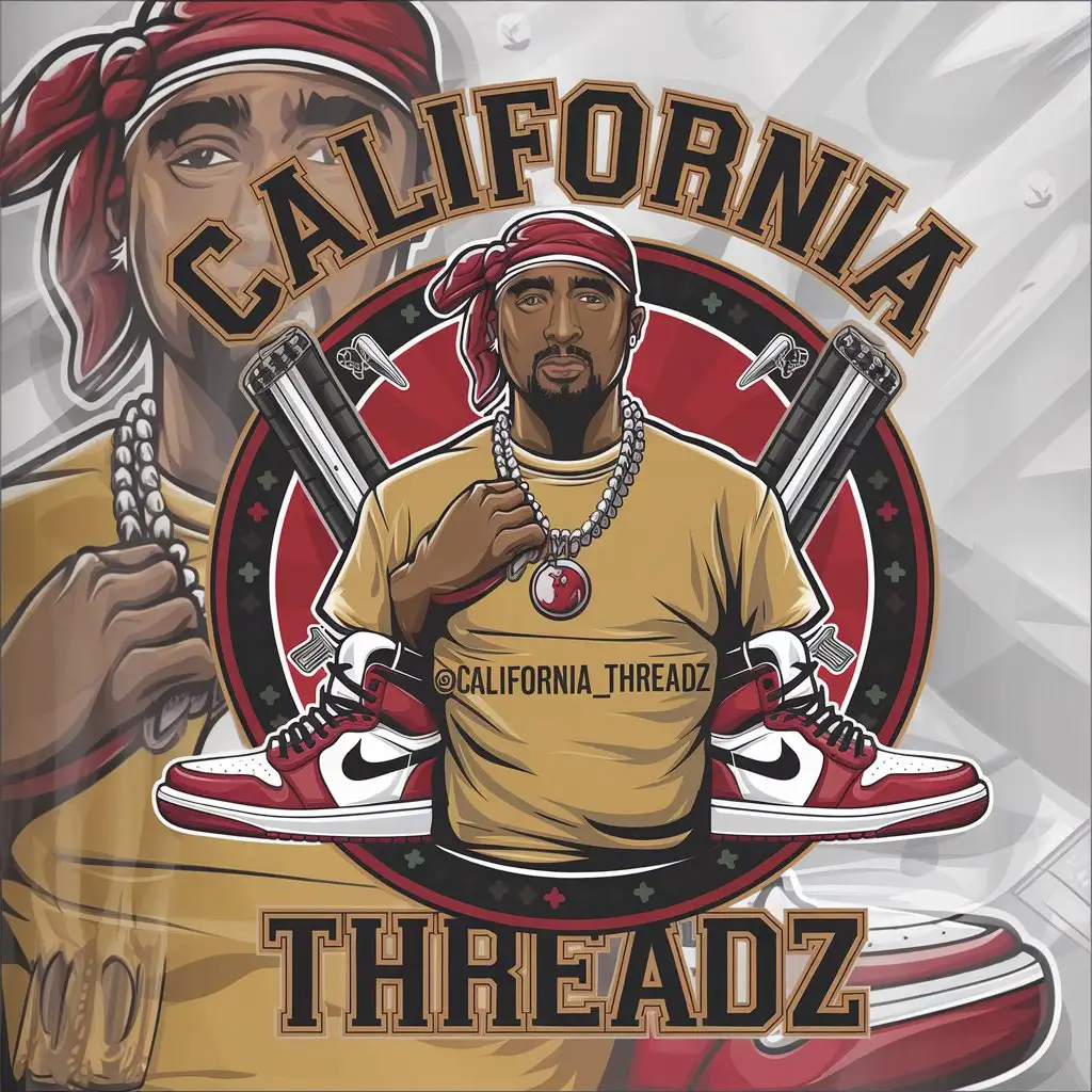 LOGO Design for California Threadz Tupac with Jordans and Tshirt Featuring californiathreadz