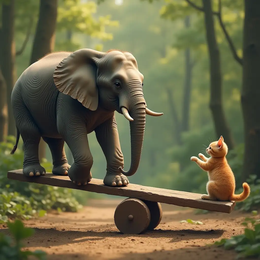 Elephant-and-Cat-on-Playground-TeeterTotter-in-Forest-Setting