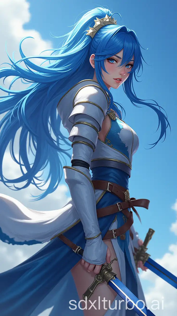 BlueHaired-Female-Warrior-in-Sunlit-Armor-with-Dragon-on-Cliff-Edge