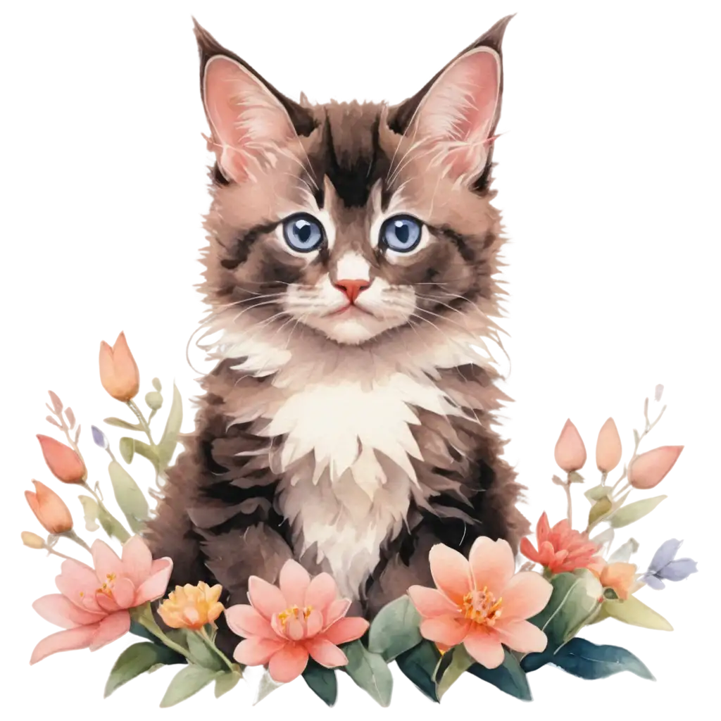 Cute-Kitten-Surrounded-by-Flowers-Watercolor-PNG-Image-for-Digital-Art-and-Design