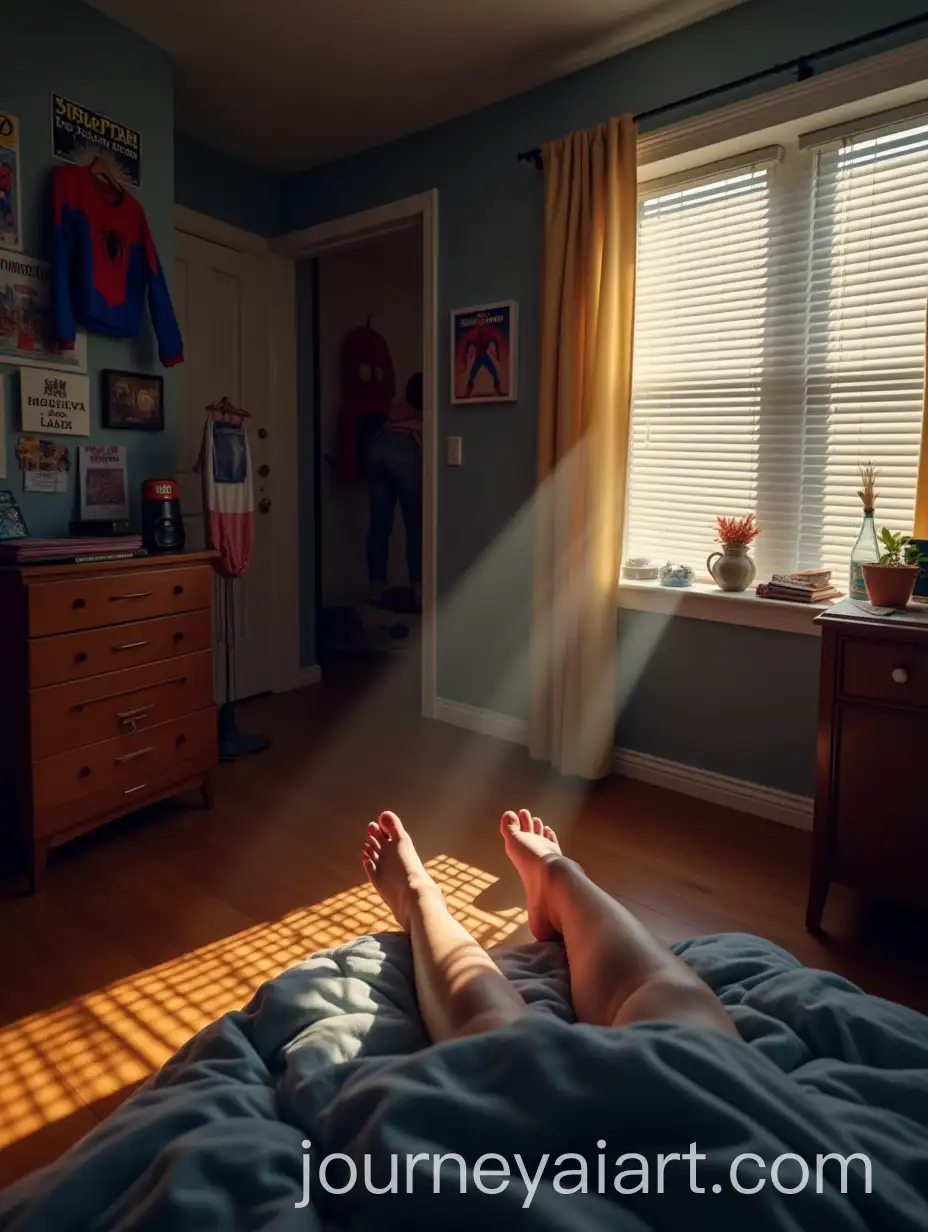 FirstPerson-View-of-Waking-Up-in-Bed-with-SpiderMan-Costume-and-New-York-Posters