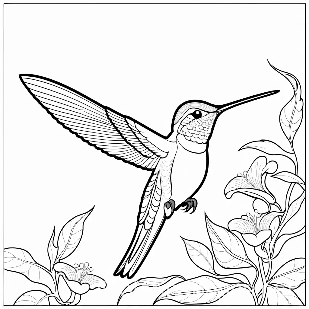 create a humming bird , Coloring Page, black and white, line art, white background, Simplicity, Ample White Space. The background of the coloring page is plain white to make it easy for young children to color within the lines. The outlines of all the subjects are easy to distinguish, making it simple for kids to color without too much difficulty