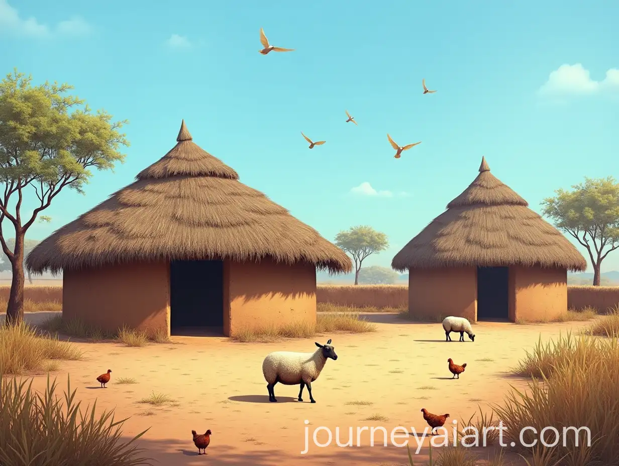Traditional-Concession-in-Northern-Cameroon-with-Grazing-Sheep-and-Chickens