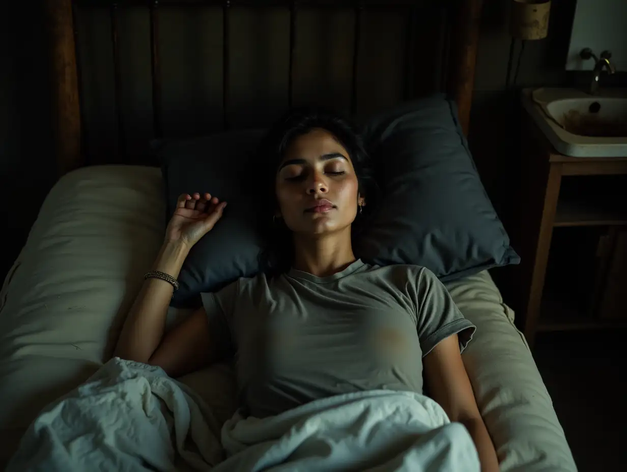 Young-Indian-Female-Sleeping-Peacefully-in-Rugged-Cabin