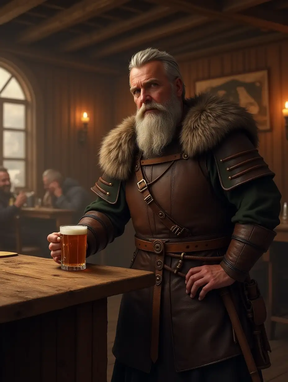 A viking is standing at a table in a tavern, with a mug of beer in his hand