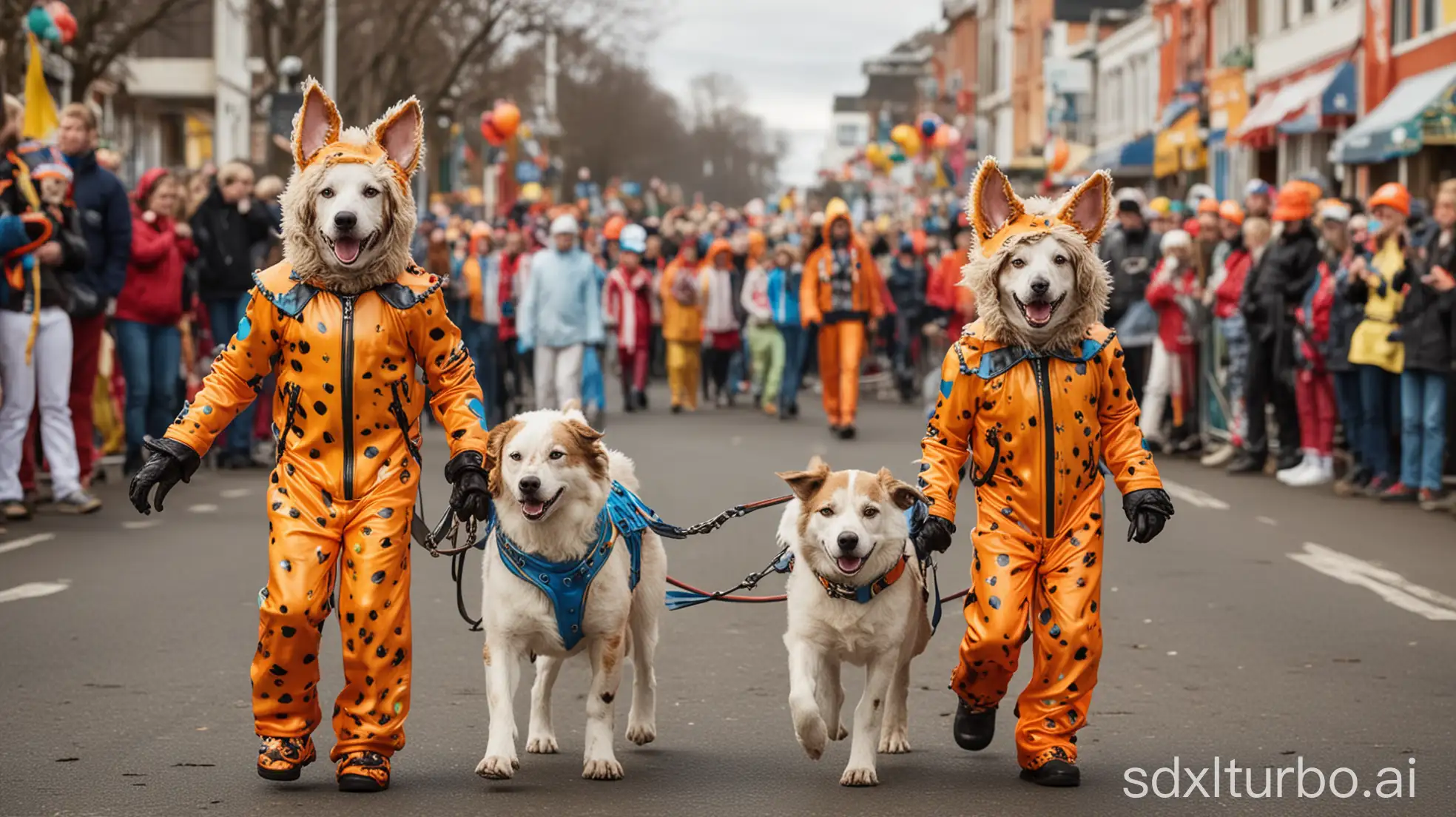 two caucasian eight year old boys. wearing tight animal dog costumes, made out of shiny colourful rubber, with dog hoods, paws, collar, harness and leash. walking in a carnival parade. joyous mood, happy, smiling.