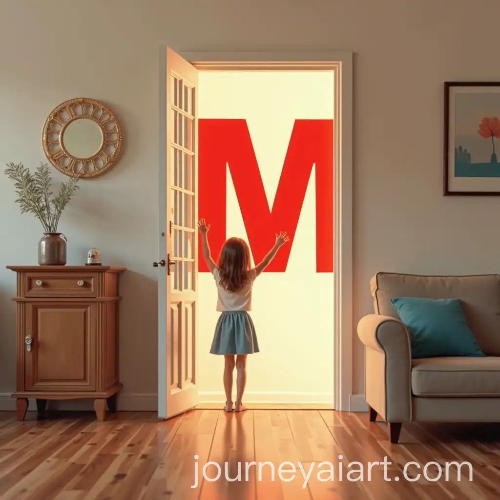 Girl-in-Apartment-with-Large-Red-Letter-M-on-Wall