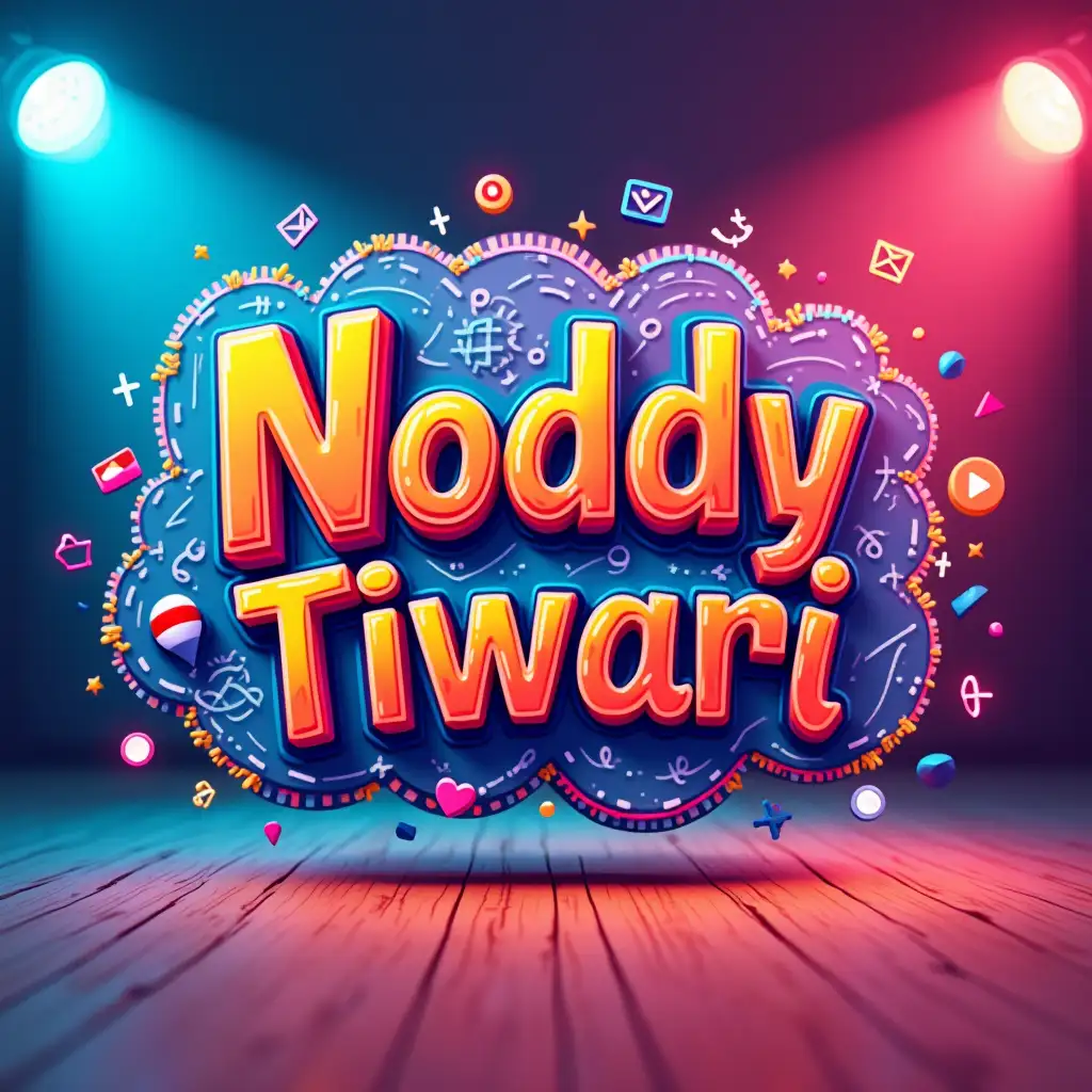 A vibrant, dynamic scene of a colorful  logo against a bright backdrop, with bold text 'Noddy Tiwari' in a playful font, surrounded by playful doodles representing unexpected video ideas, colorful lighting.