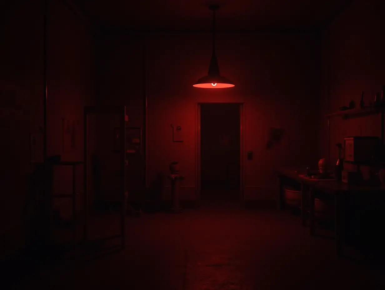 A dark and ominous laboratory with blood-red lighting casting harsh shadows on the walls.