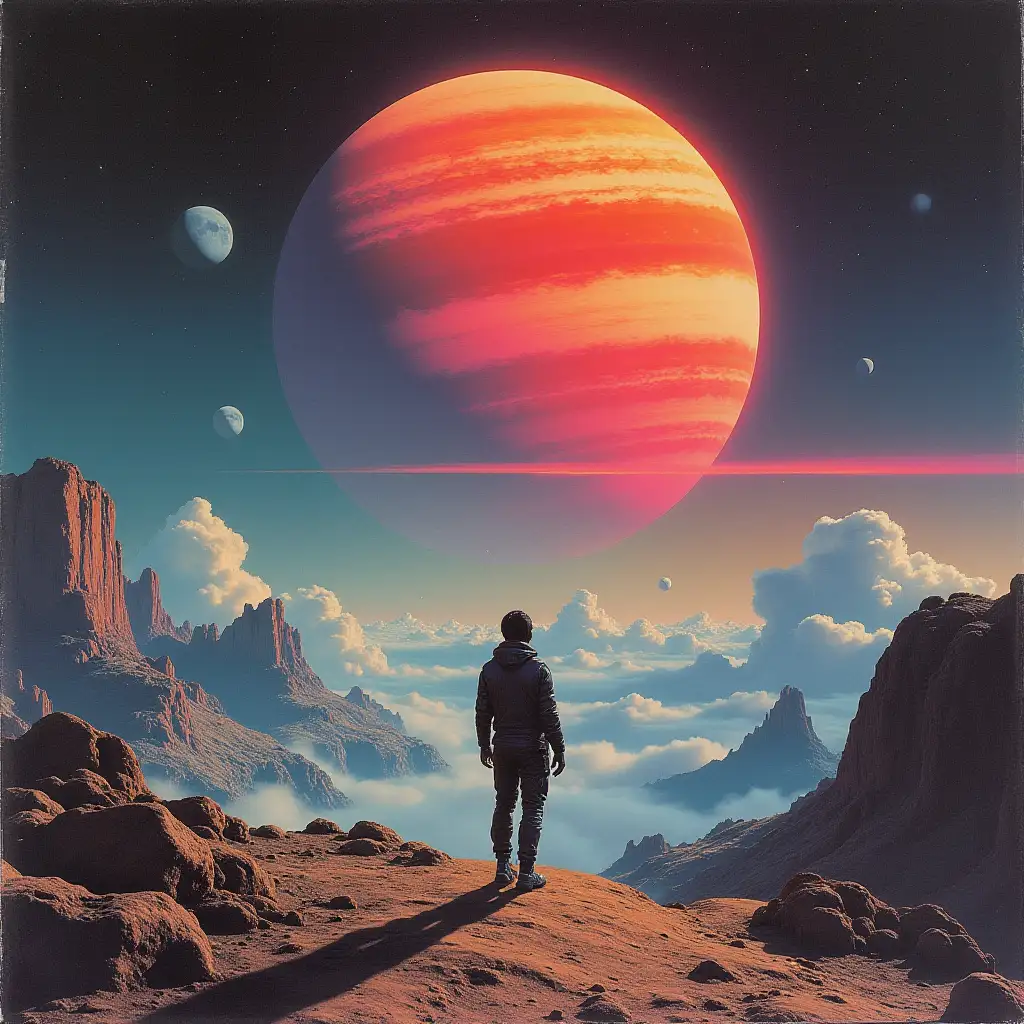 Album cover with 1980s sci-fi aesthetics of a beautiful planet from another galaxy with a person wearing futuristic attire standing in the distance looking at the scenery.