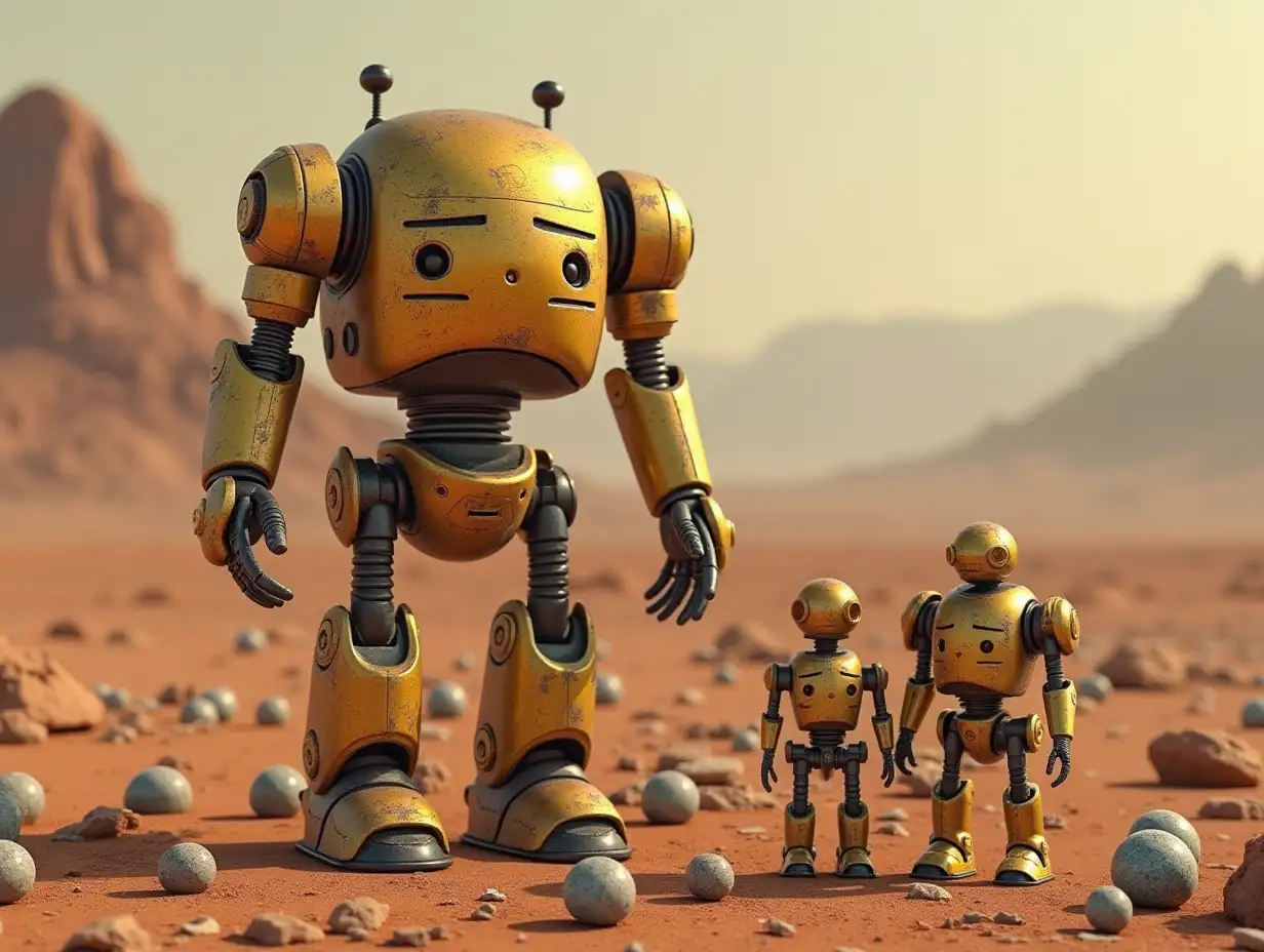 Create a high-resolution, realistic image of the artificial intelligence Robert, 40 meters tall, with small robots, made of brass gold, screws and many rusty glass marbles on the ground, at Mars 4k resolution