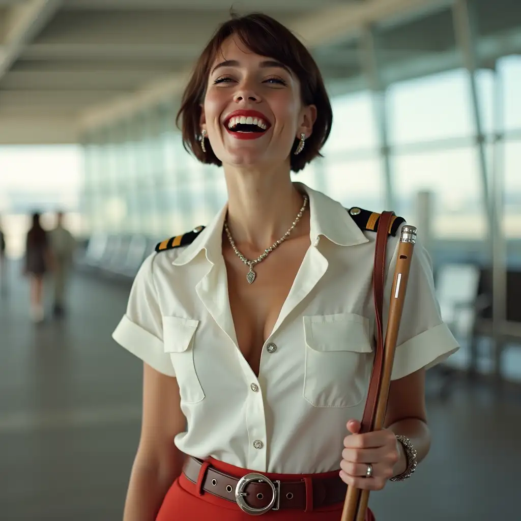 french lady , in white deep-necked pilot button shirt, decolte, short sleeves, laughing with her mouth open, red lipstick accentuating her smile,belt on waist, big wide hips, chest are fully grown, jewerly, holds long riding crop, short hair, HD, airport, photo-realism