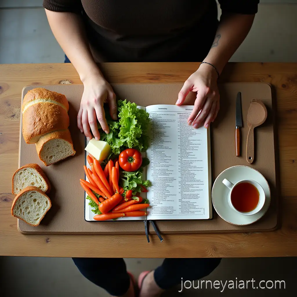 Person-at-Table-with-Food-and-Bible-Notebook-and-Teacup