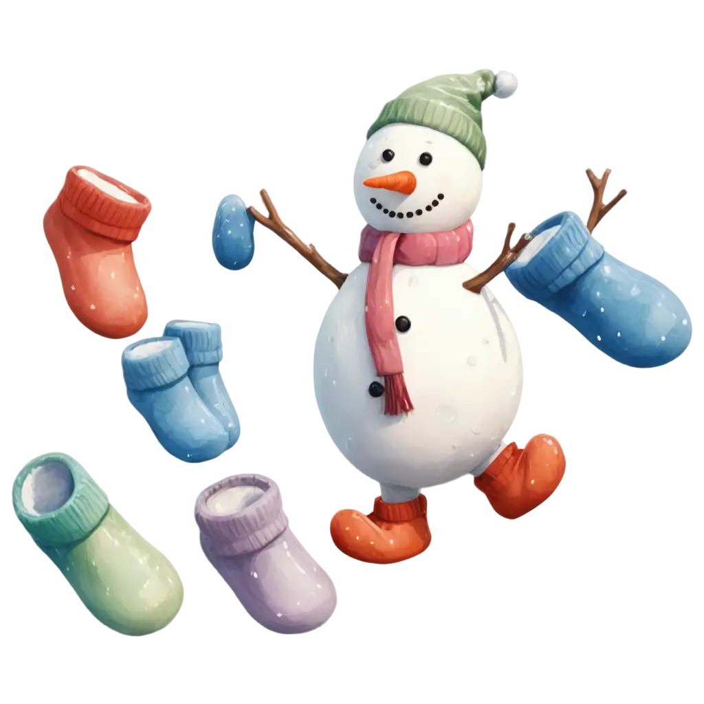 Snowman with 4/5 models of slippers in hand. The drawing should be in cartoon mode.