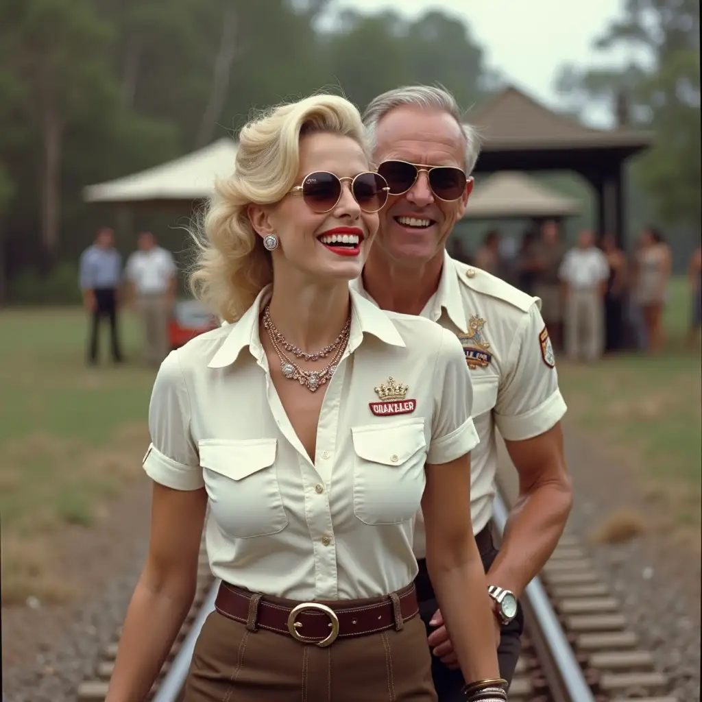 Rita Hayworth and marlyn monroe, wearing an white zookeeper shirt, laughing with her mouth open, red lipstick accentuating her smile, jewerly, aviator sunglasses, white skin, whip in hand, smoking cigarette, walking on rails, australia