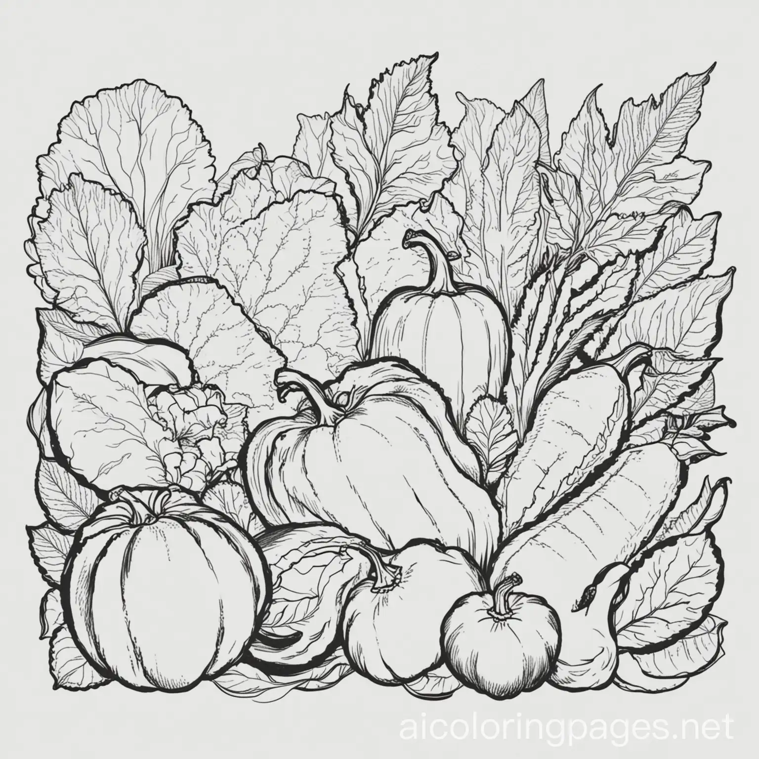 Harvest of vegetables , Coloring Page, black and white, line art, white background, Simplicity, Ample White Space. The background of the coloring page is plain white to make it easy for young children to color within the lines. The outlines of all the subjects are easy to distinguish, making it simple for kids to color without too much difficulty