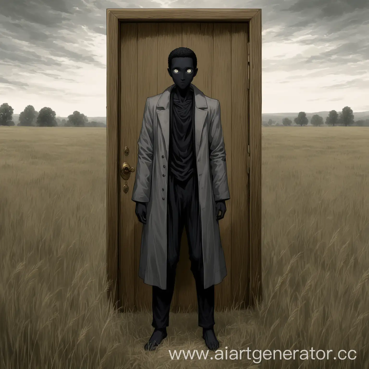 Mysterious-Figure-in-Old-Gray-Coat-Standing-by-Oak-Door-in-Field