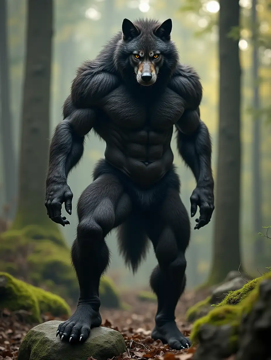 A dangerous athletic 30 year old wild Werewolf, with bulging six pack abs and pecs. His body covered in silky black fur and his shiny skin. Standing with a foot on a rock, in the forest hills, at noon. 3/4 face realistic photography, high precision and 4K definition.