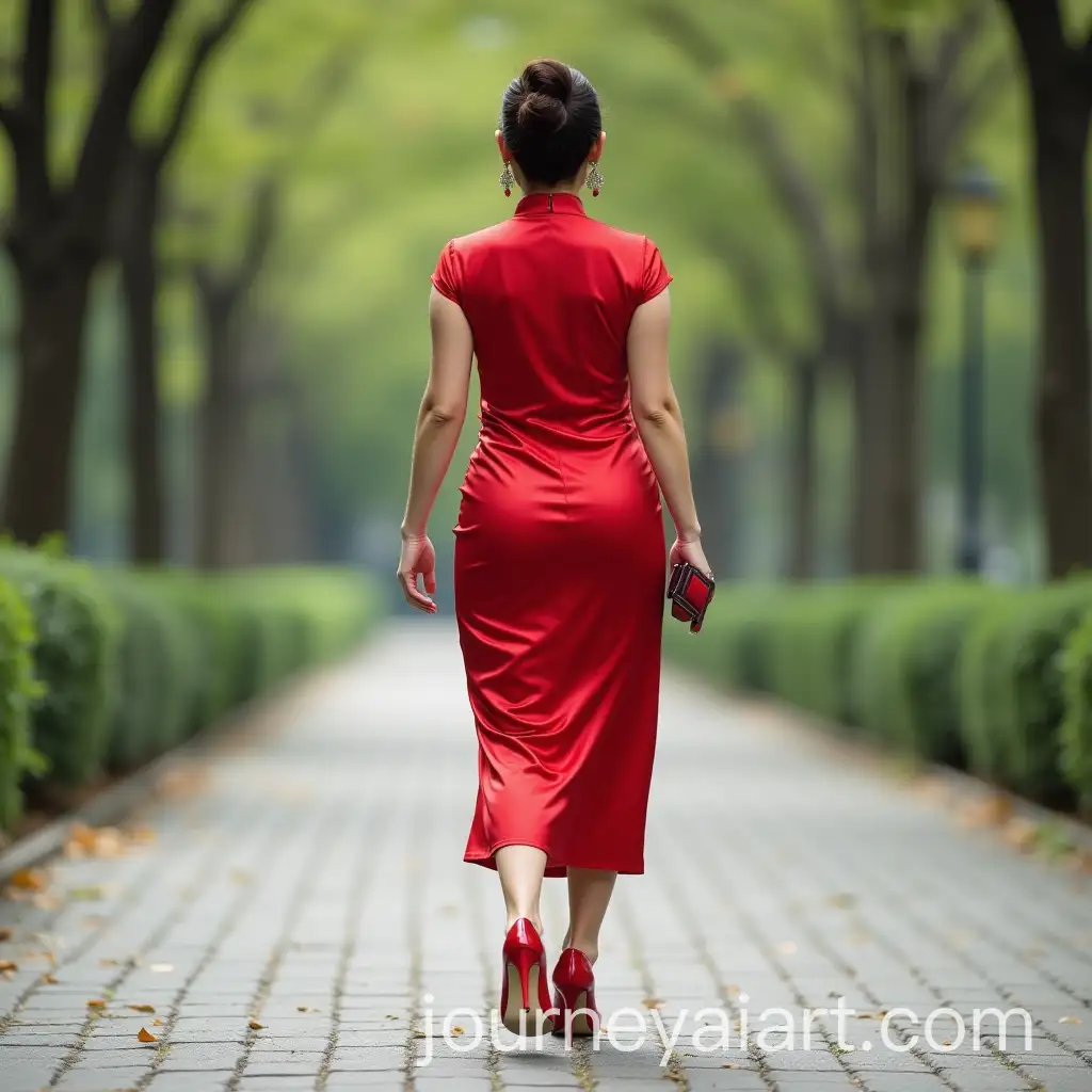 Charming-Japanese-Woman-in-Red-Silk-Cheongsam-Walking-on-Flagstone-Pathway