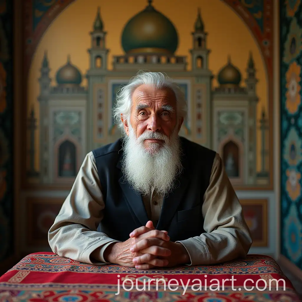 EAI-Image-Prompt-Expansionlderly-Man-with-White-Beard-Sitting-on-IslamicStyle-Tablecloth-with-Mural-Background