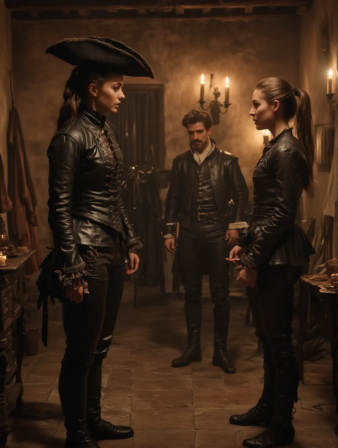 An epic 17th century scene featuring two beautiful female warriors, leather suits, pants, pony tail, in conversation with a Spanish male hijacker, Spanish dress, Spanish hat, in a small room, night, full darkness lightened by candles, close cinematic view