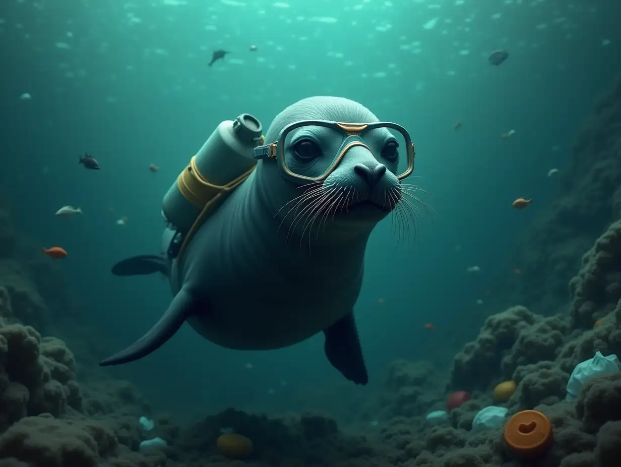 Seal-Swimming-in-Polluted-Ocean-with-Diving-Mask-and-Oxygen-Tank